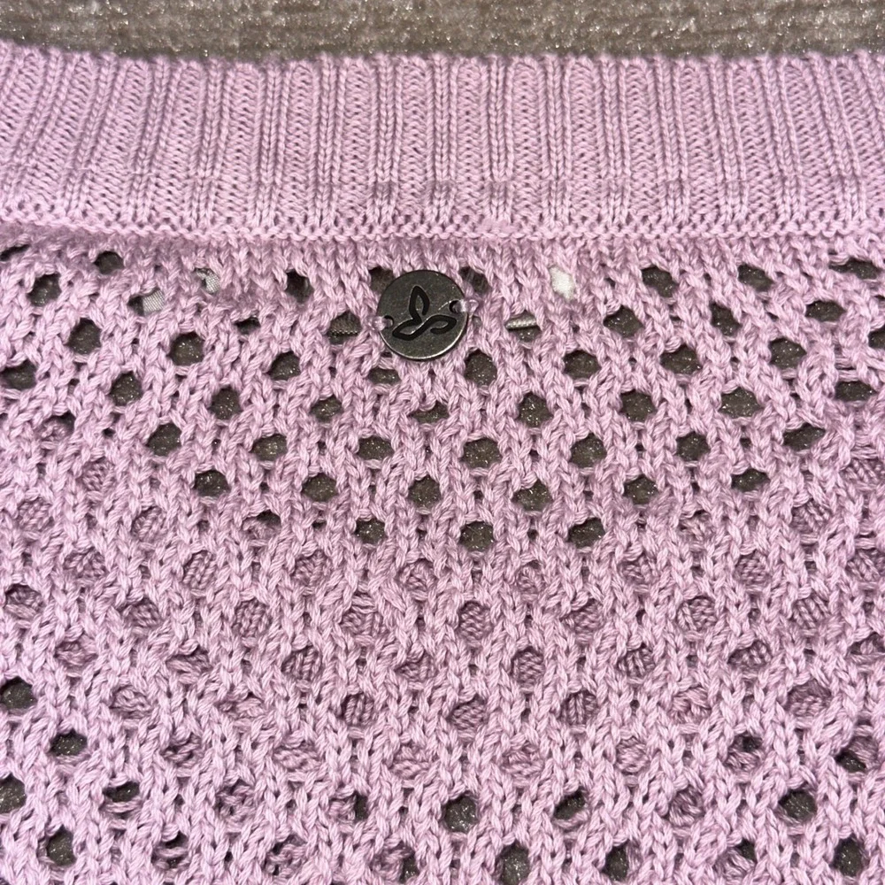 Prana Womens Open Knit Crochet Sweater Lavender Purple Crew Neck Pullover Medium
